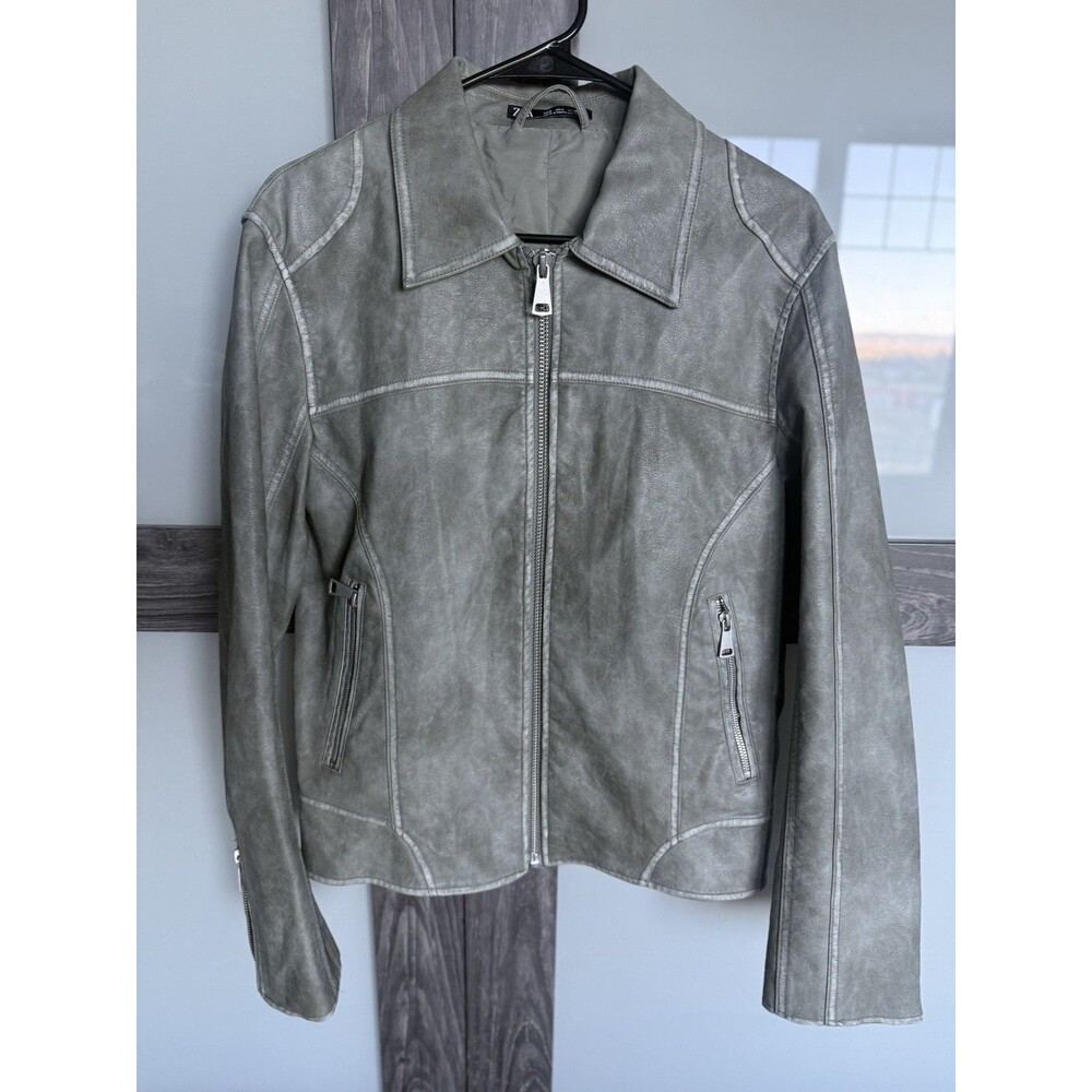 Zara Faded Leather Look Jacket Men’s Size Small Grey Bomber